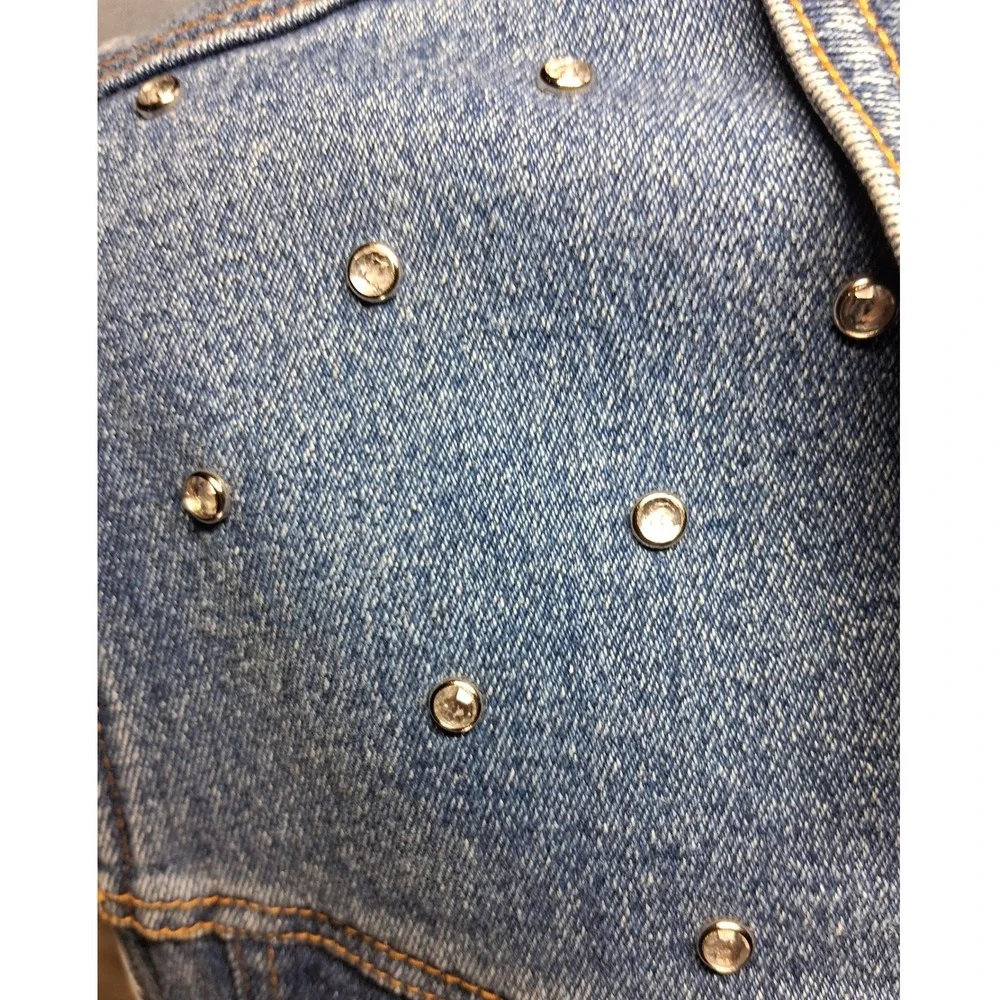 Denim & Co Womens Medium Wash Rhinestone Studded Denim Vest Blue Large L